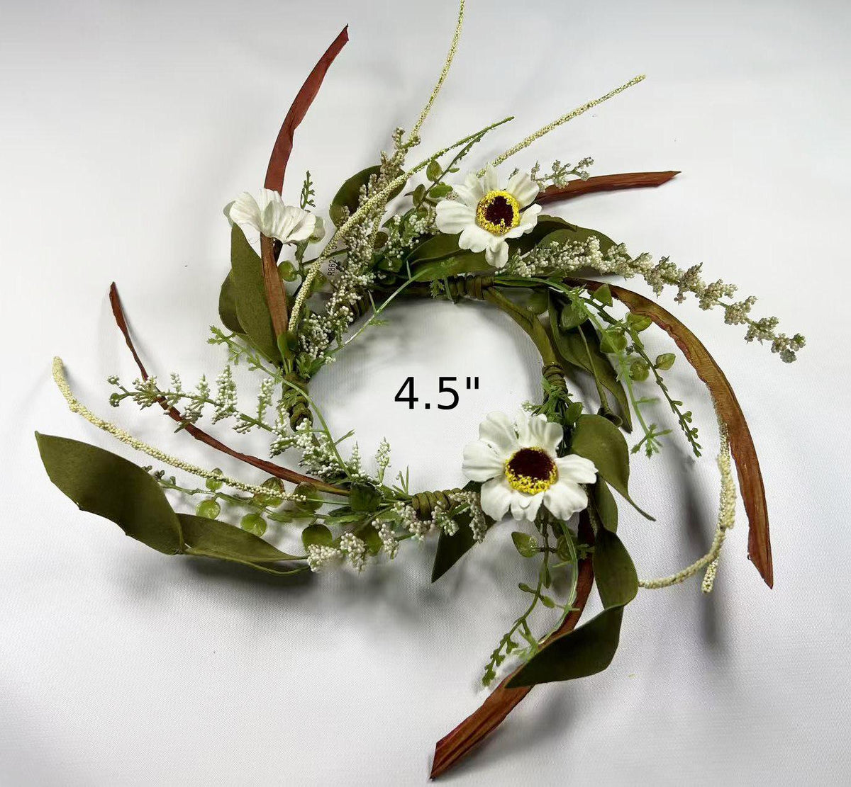 4.5” Mini Artificial Floral Wreath – Small Rustic Greenery Candle Ring with White Flowers
