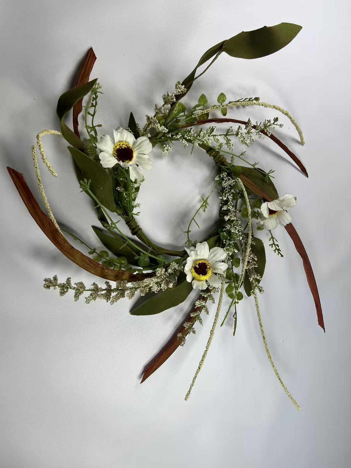 4.5” Mini Artificial Floral Wreath – Small Rustic Greenery Candle Ring with White Flowers