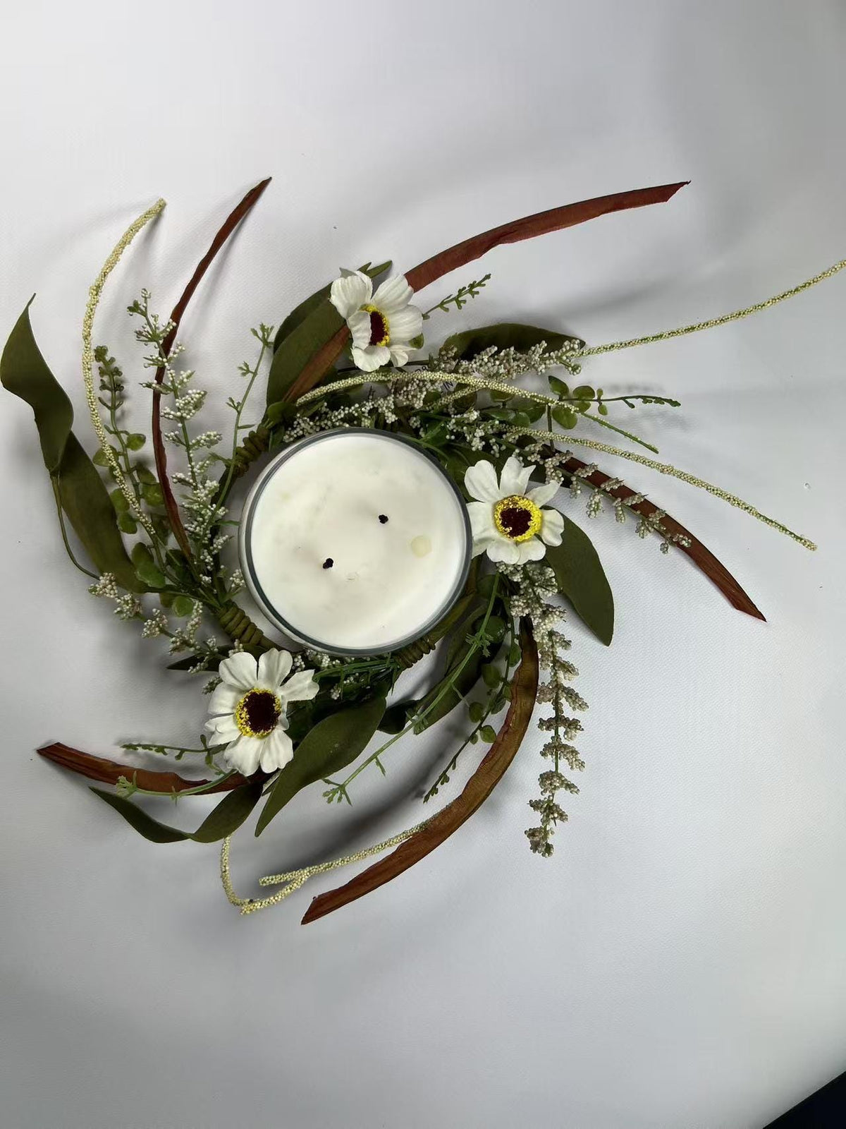 4.5” Mini Artificial Floral Wreath – Small Rustic Greenery Candle Ring with White Flowers