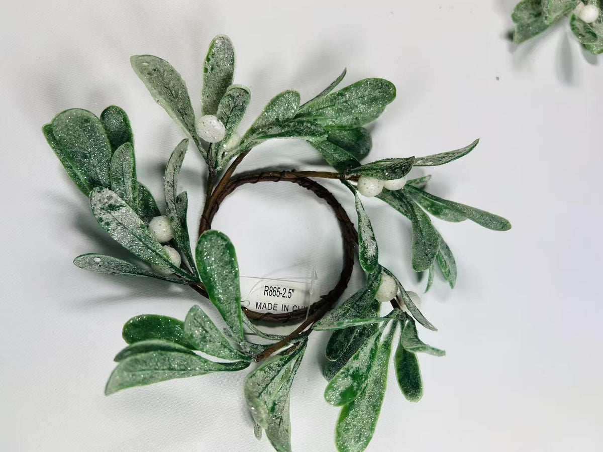 spring candle rings, Artificial Mistletoe Wreath with Frosted Leaves and White Berries,2.5" rings