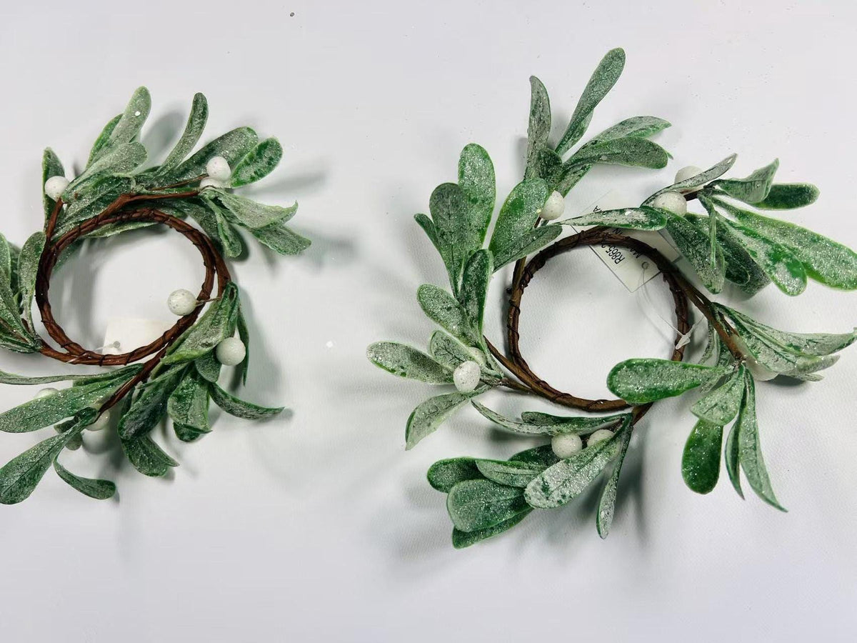 spring candle rings, Artificial Mistletoe Wreath with Frosted Leaves and White Berries,2.5" rings