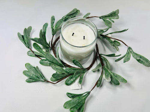 4.5” Frosted Mistletoe Candle Ring – Mini Artificial Wreath with Berries for Holiday Table Decor
