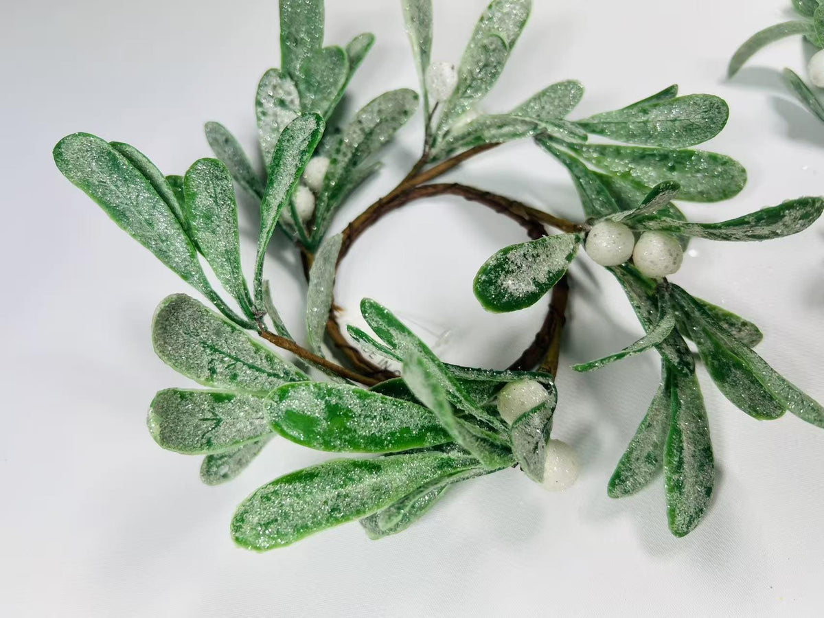 4.5” Frosted Mistletoe Candle Ring – Mini Artificial Wreath with Berries for Holiday Table Decor