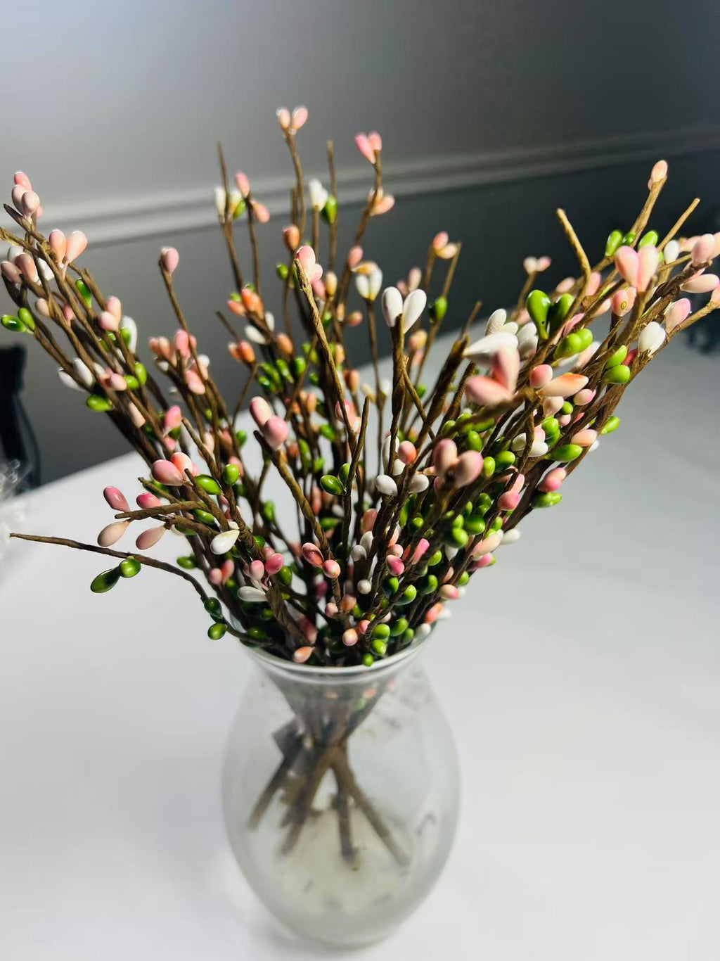 Spring Pip Berry Pick: Pink, Green & White Floral Branch (14")