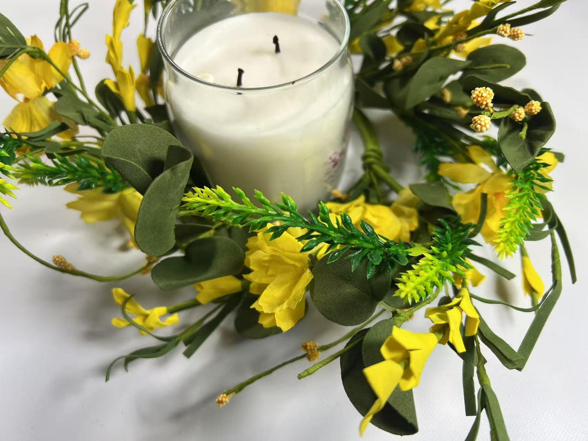 4.5" Yellow Spring Candle Ring | Faux Floral Wreath for Farmhouse Decor | Mini Tabletop Wreath