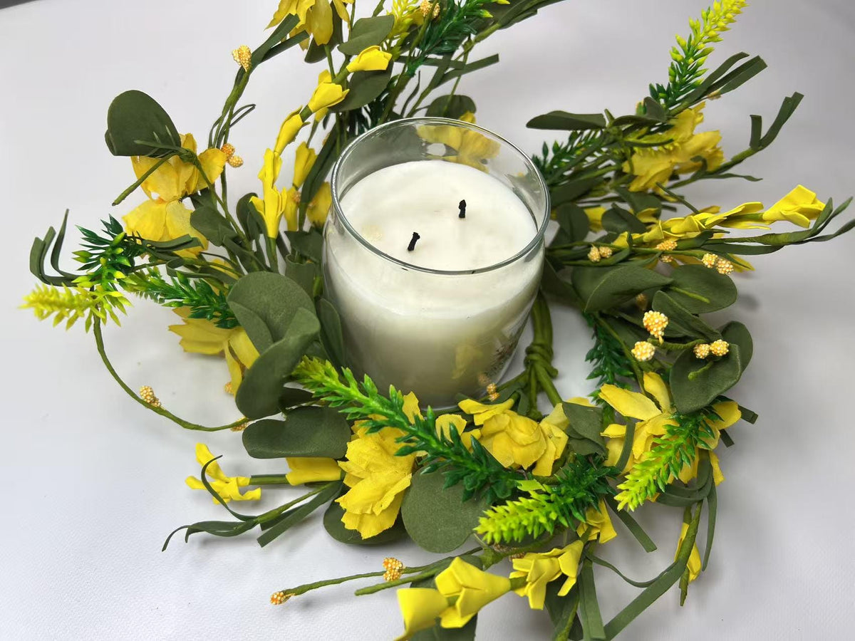 4.5" Yellow Spring Candle Ring | Faux Floral Wreath for Farmhouse Decor | Mini Tabletop Wreath