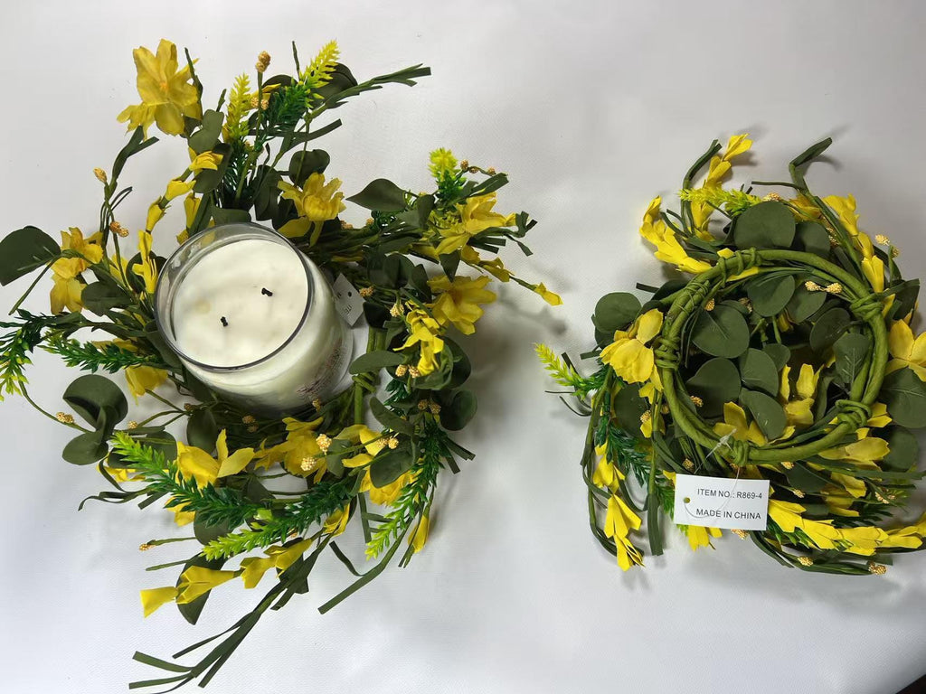 4.5" Yellow Spring Candle Ring | Faux Floral Wreath for Farmhouse Decor | Mini Tabletop Wreath