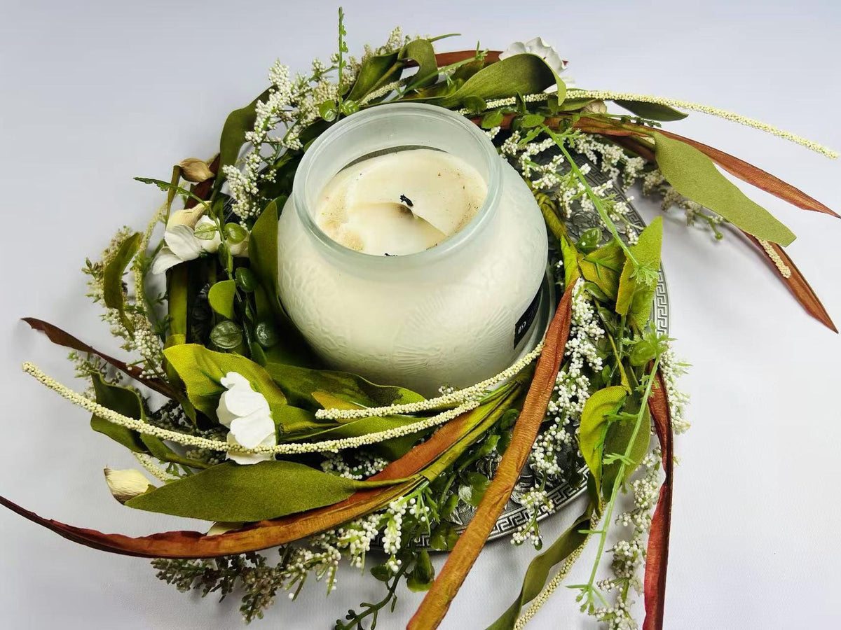 6.5” Mini Artificial Floral Wreath  – Small Rustic Greenery Candle Ring with White Flowers