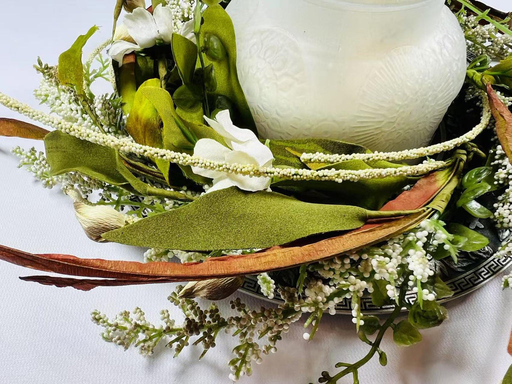 6.5” Mini Artificial Floral Wreath  – Small Rustic Greenery Candle Ring with White Flowers