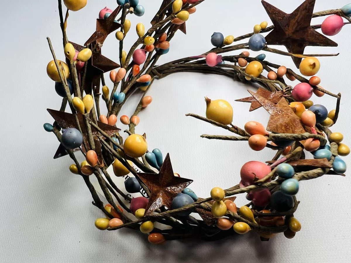 Rustic Pip Berry Candle Ring 4.5” – Multicolor Mini Wreath with Stars Farmhouse Table Decor