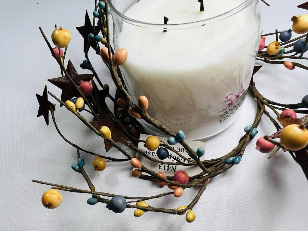 Rustic Pip Berry Candle Ring 4.5” – Multicolor Mini Wreath with Stars Farmhouse Table Decor
