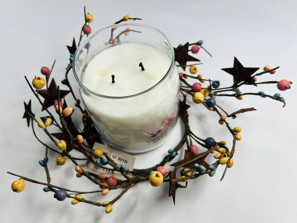 Rustic Pip Berry Candle Ring 4.5” – Multicolor Mini Wreath with Stars Farmhouse Table Decor