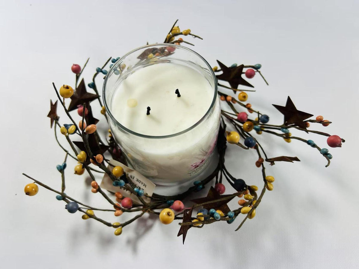Rustic Pip Berry Candle Ring 4.5” – Multicolor Mini Wreath with Stars Farmhouse Table Decor