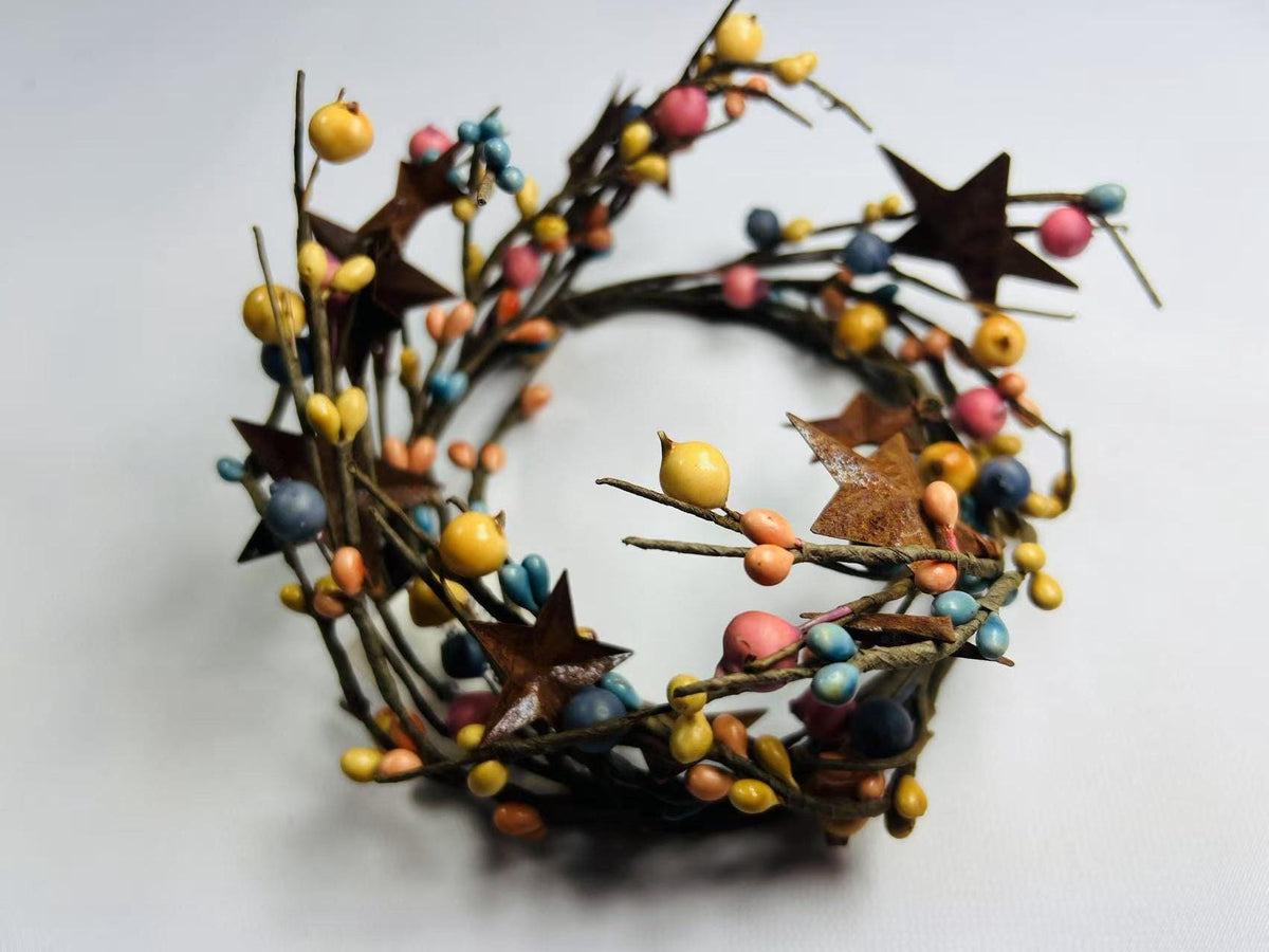 Rustic Pip Berry Candle Ring 4.5” – Multicolor Mini Wreath with Stars Farmhouse Table Decor