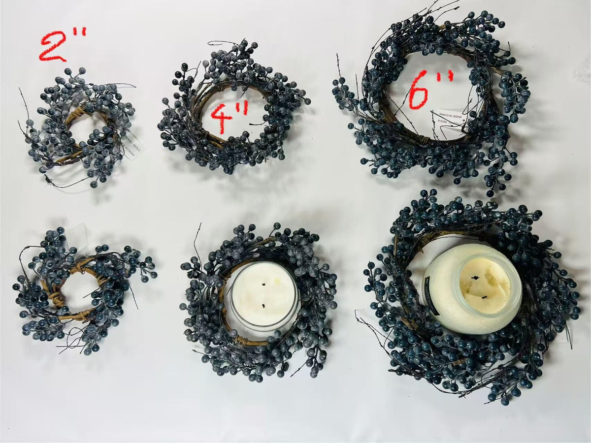 Mini Blue Berry Wreath: Rustic Farmhouse Candle Ring (2.5")