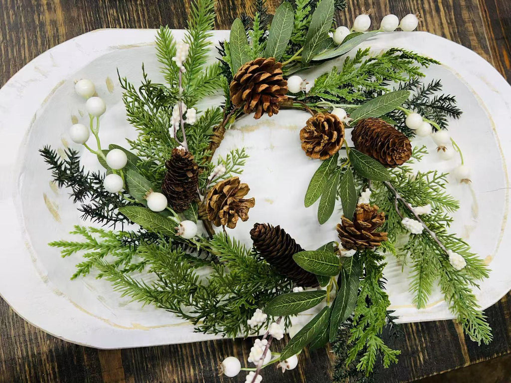 Winter Pine Wreath 6.5” Mini Christmas Candle Ring Pinecone Berry Greenery Farmhouse Decor