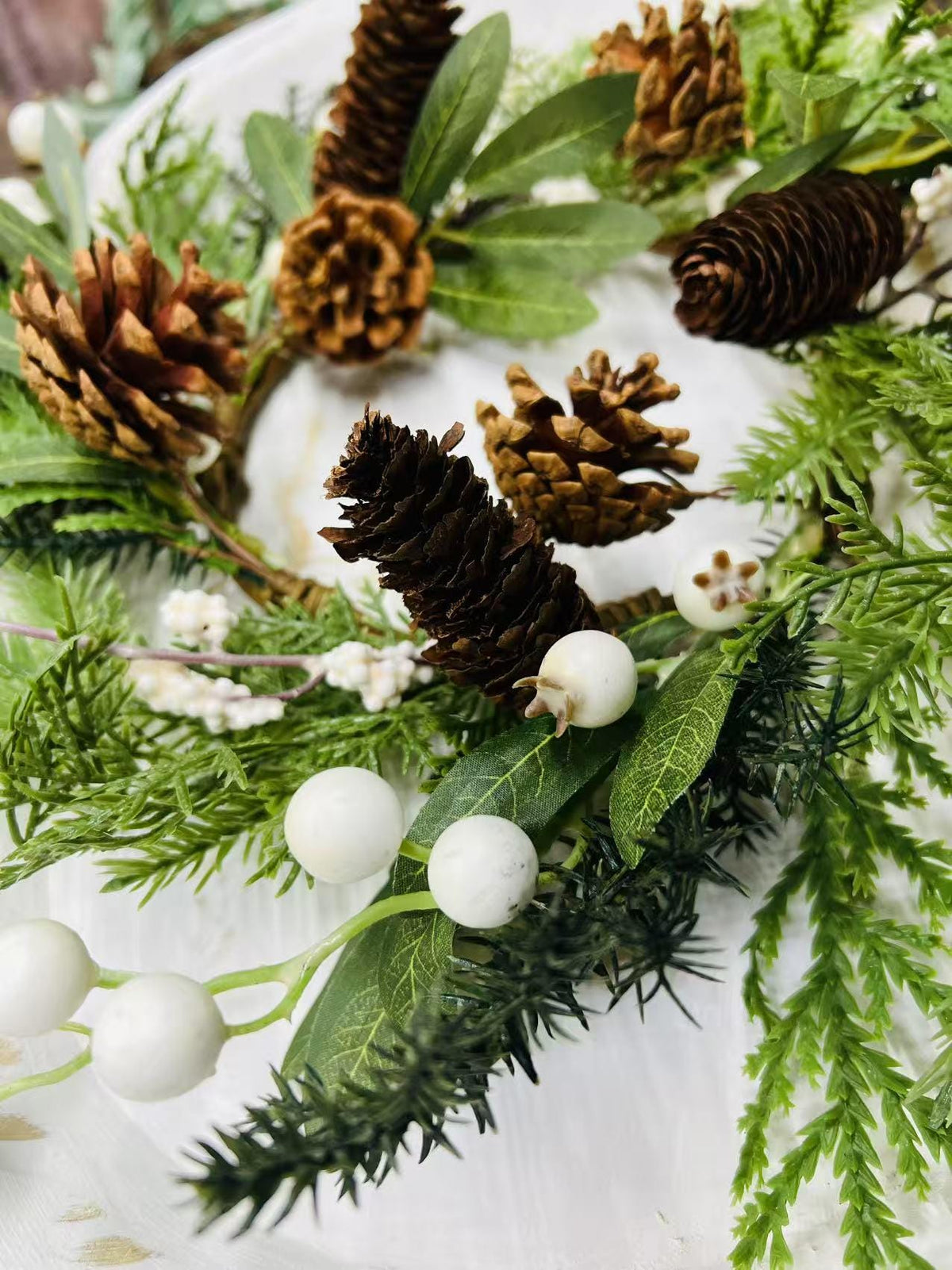 Winter Pine Wreath 6.5” Mini Christmas Candle Ring Pinecone Berry Greenery Farmhouse Decor
