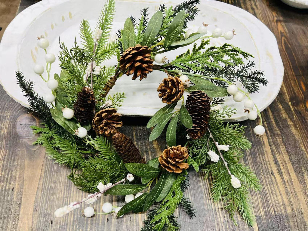 Winter Pine Wreath 4.5” Mini Christmas Candle Ring Pinecone Berry Greenery Farmhouse Decor