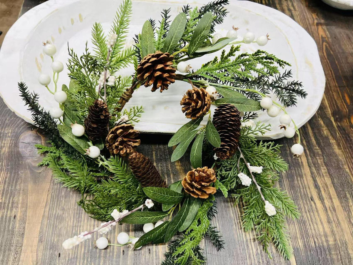 Winter Pine Wreath 4.5” Mini Christmas Candle Ring Pinecone Berry Greenery Farmhouse Decor