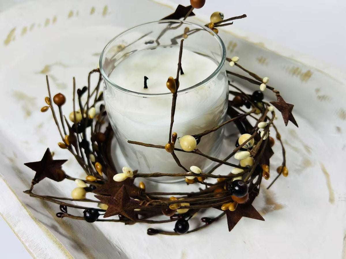 Primitive Pip Berry Wreath 4.5” Mustard Burgundy Cream Candle Ring with Rusty Metal Stars