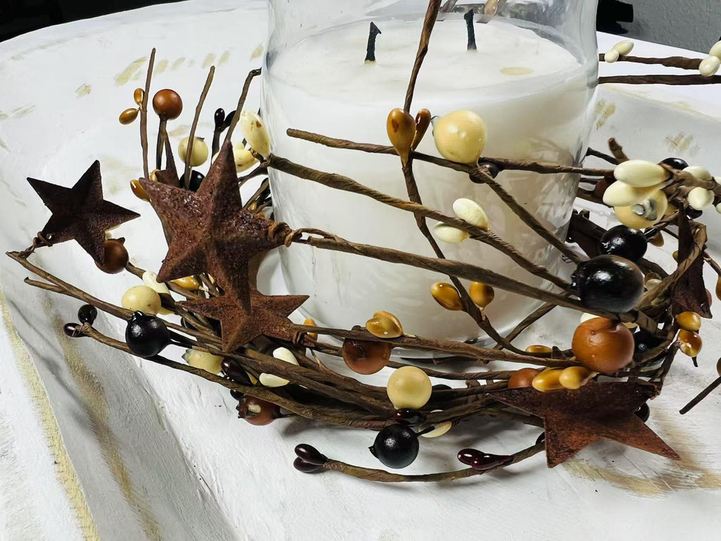 Primitive Pip Berry Wreath 4.5” Mustard Burgundy Cream Candle Ring with Rusty Metal Stars