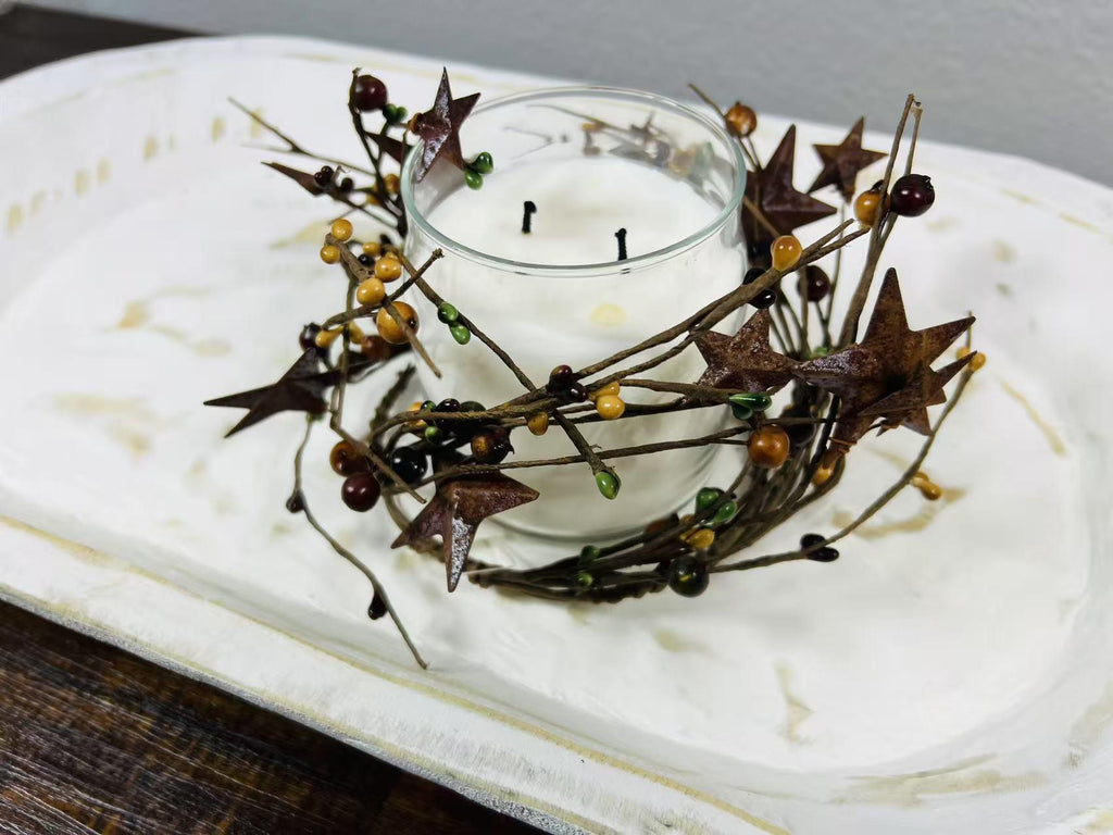 Rustic Pip Berry Candle Ring 4.5” | Mustard Burgundy Green Stars | Primitive Fall Decor