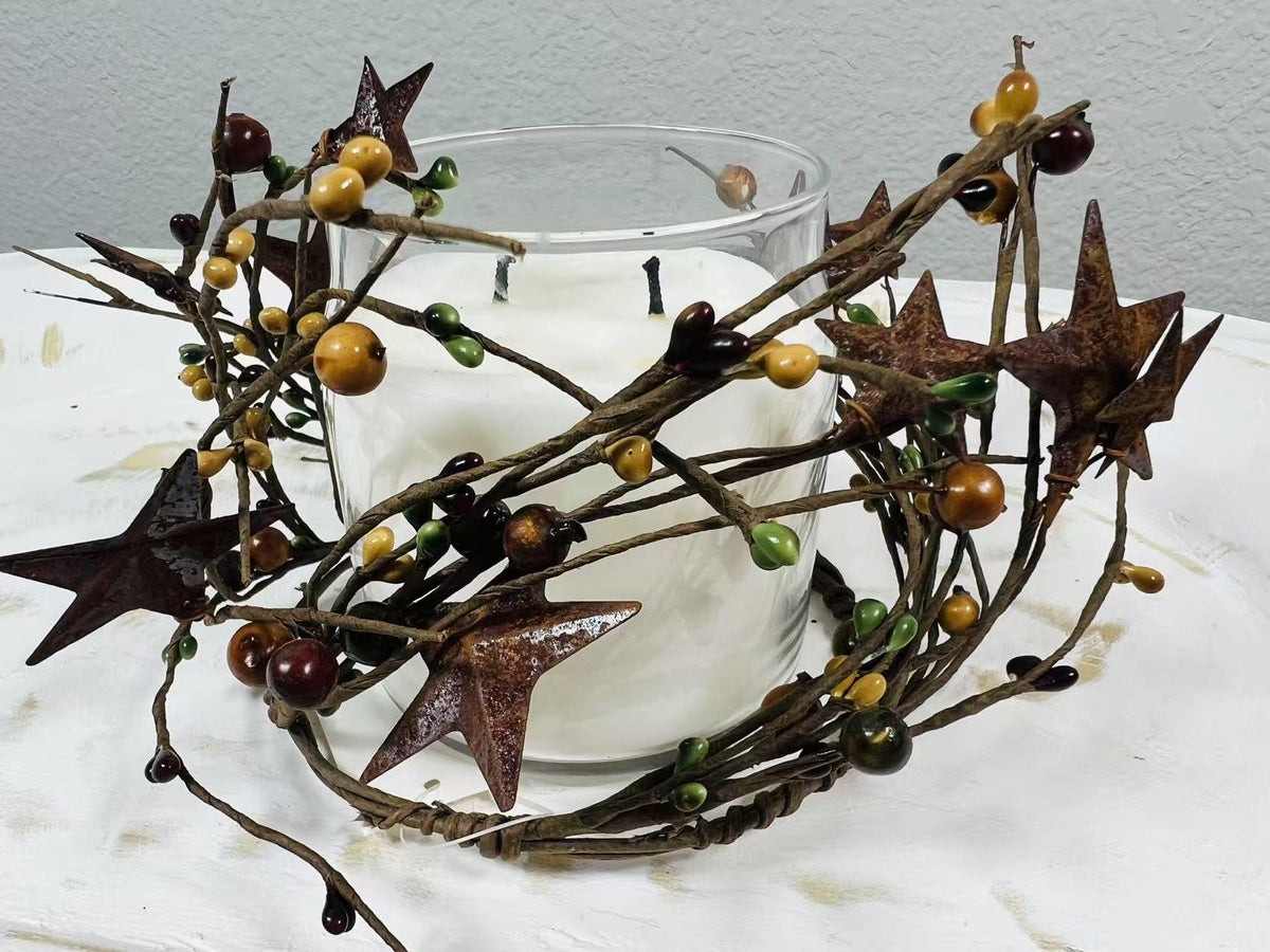 Rustic Pip Berry Candle Ring 4.5” | Mustard Burgundy Green Stars | Primitive Fall Decor