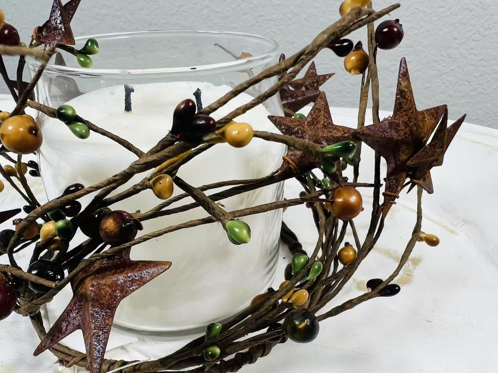 Rustic Pip Berry Candle Ring 4.5” | Mustard Burgundy Green Stars | Primitive Fall Decor