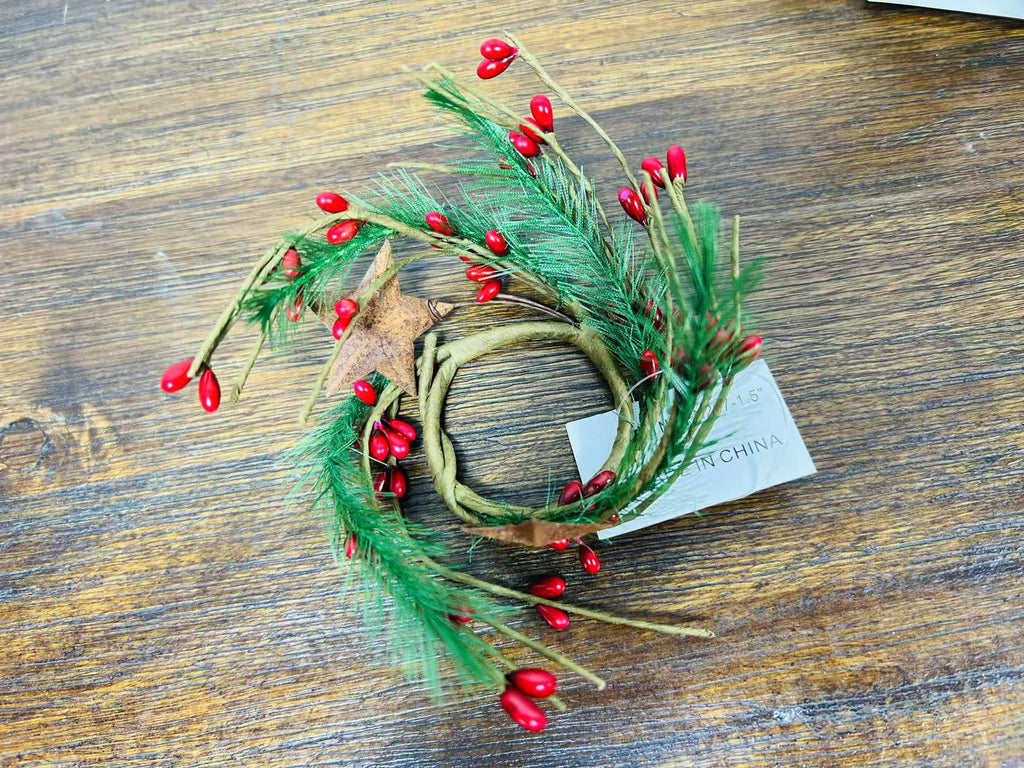 Mini Christmas Candle Ring1.5” | Red Berry Pine Wreath | Farmhouse Star Holiday Decor