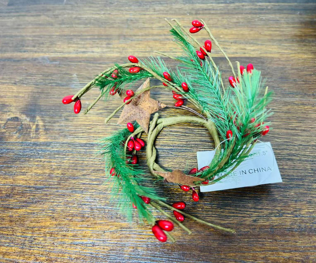 Mini Christmas Candle Ring1.5” | Red Berry Pine Wreath | Farmhouse Star Holiday Decor