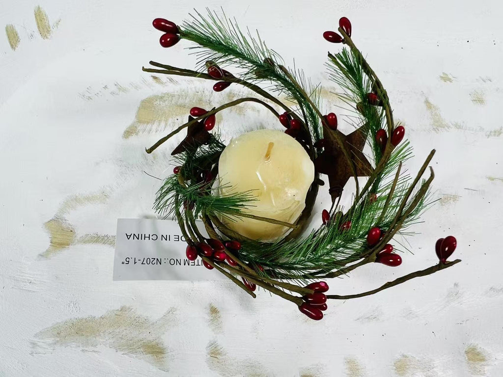 Mini Christmas Candle Ring1.5” | Red Berry Pine Wreath | Farmhouse Star Holiday Decor