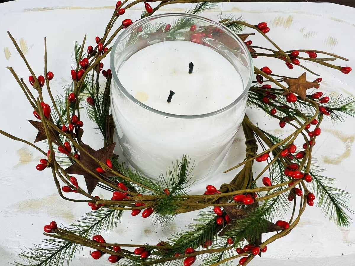 Rustic Red Berry Wreath 4.5” | Mini Christmas Pine Ring | Farmhouse Candle Wreath Decor