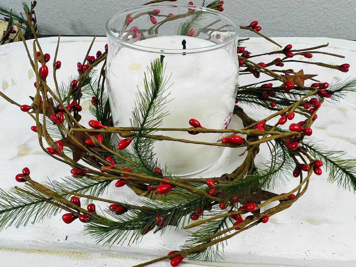 Rustic Red Berry Wreath 4.5” | Mini Christmas Pine Ring | Farmhouse Candle Wreath Decor