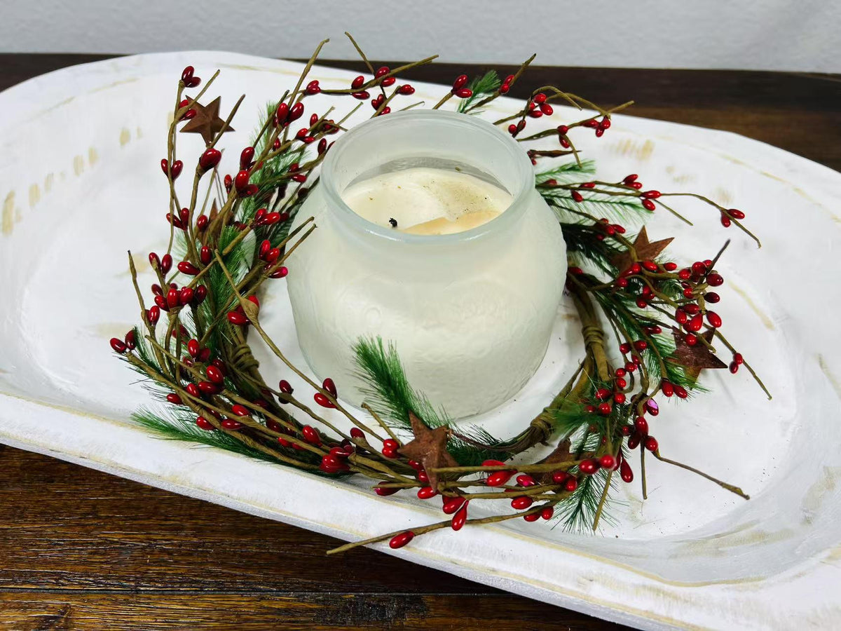 Rustic Red Berry Wreath 6.5” | Mini Christmas Pine Ring | Farmhouse Candle Wreath Decor