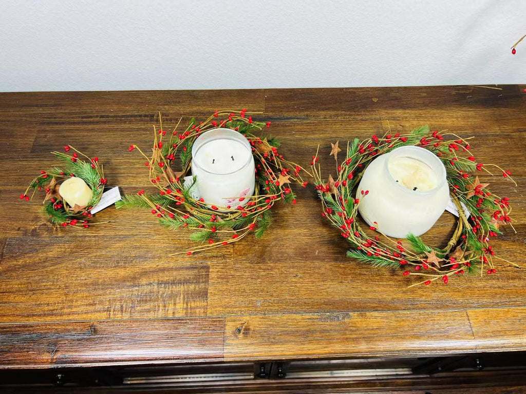 Rustic Red Berry Wreath 6.5” | Mini Christmas Pine Ring | Farmhouse Candle Wreath Decor