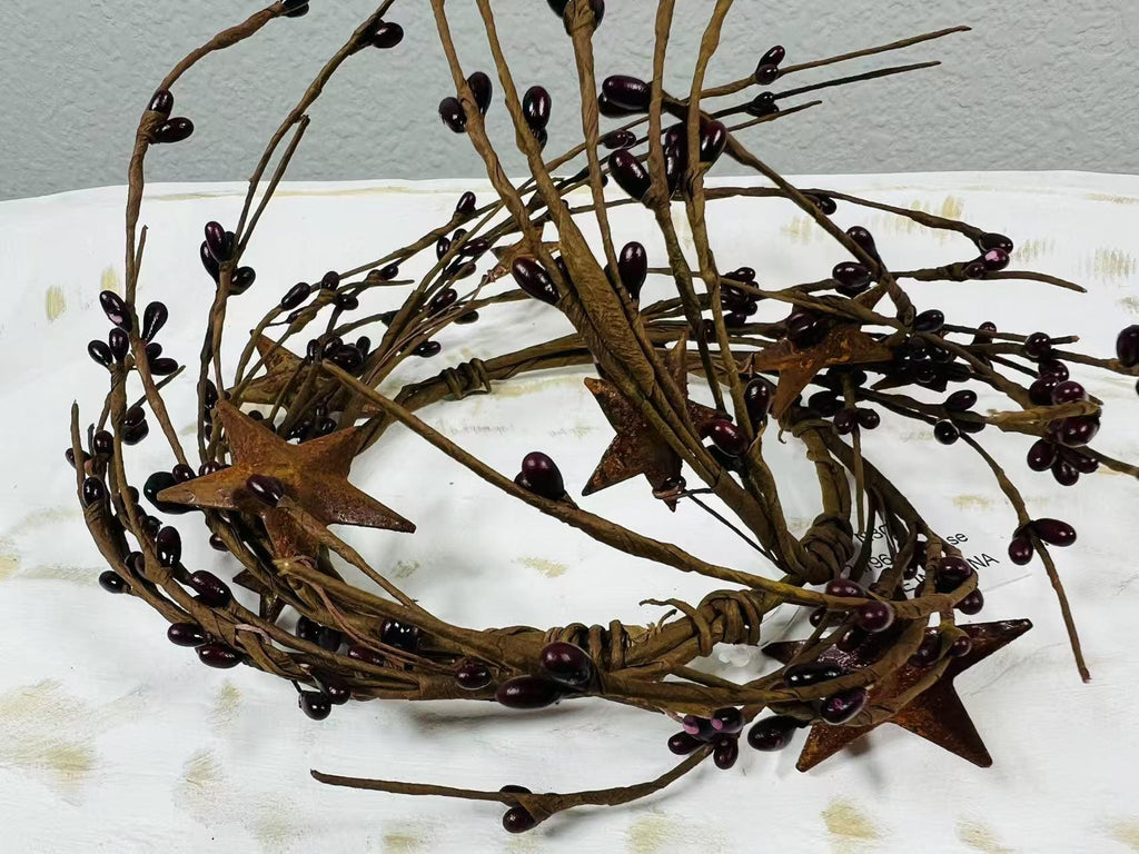 Burgundy Pip Berry Candle Ring with Rustic Metal Stars - 4.5" Farmhouse Decor