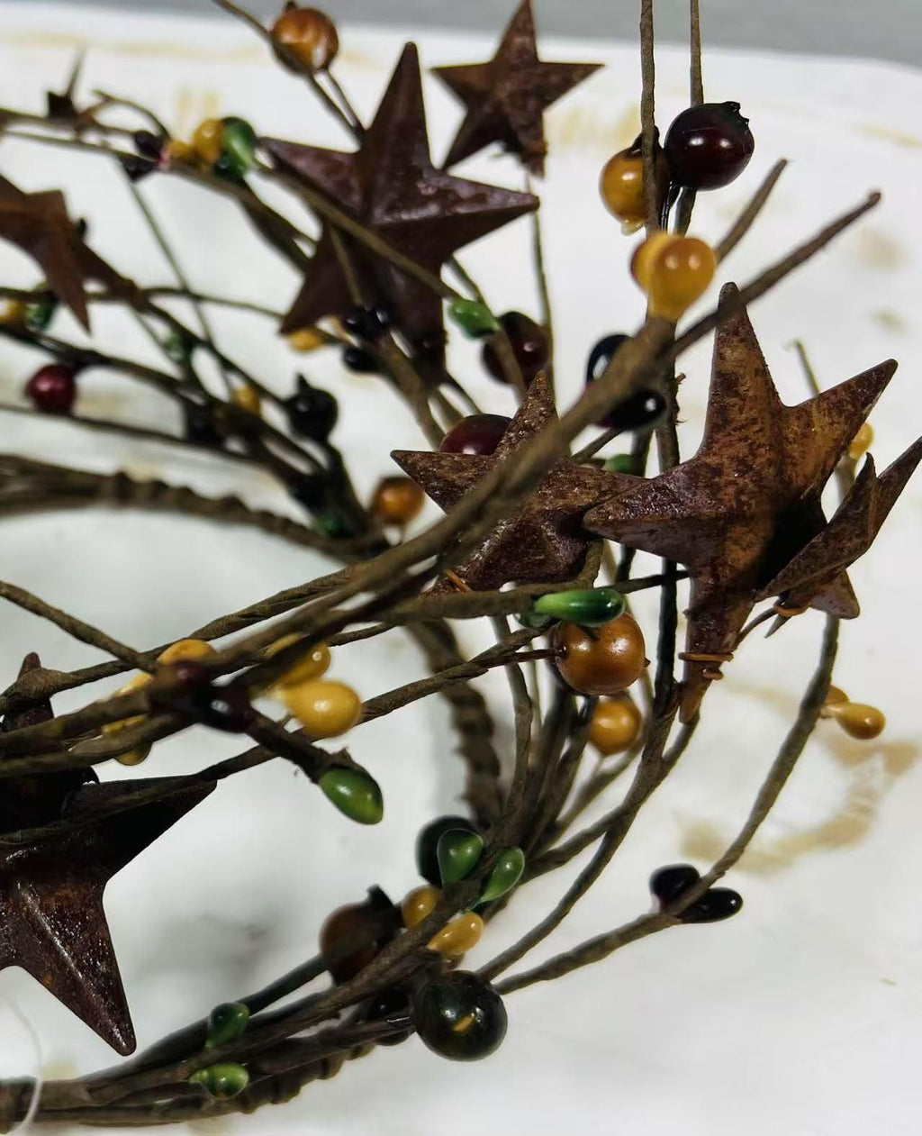 Rustic Pip Berry Candle Ring 4.5” | Mustard Burgundy Green Stars | Primitive Fall Decor