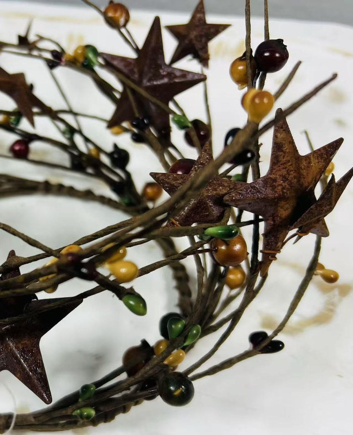 Rustic Pip Berry Candle Ring 4.5” | Mustard Burgundy Green Stars | Primitive Fall Decor