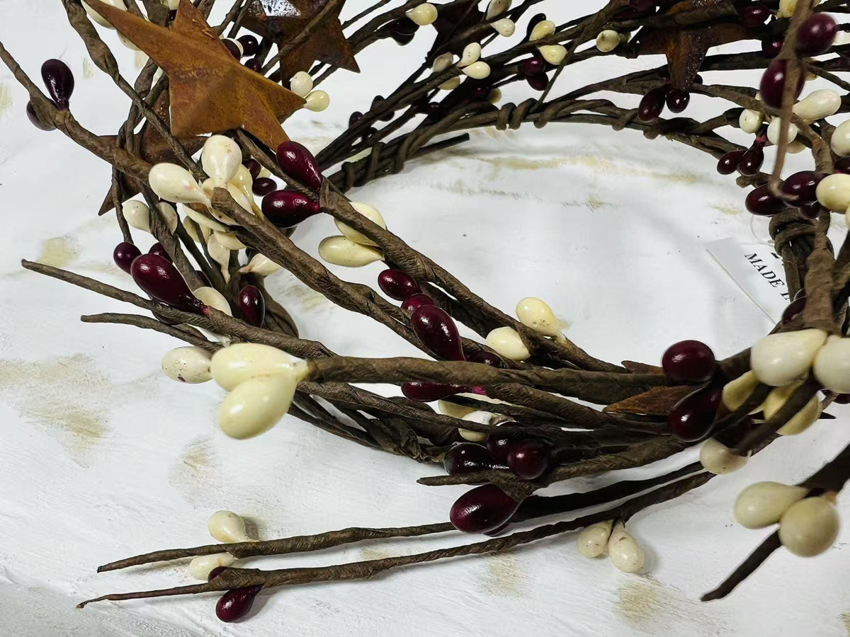 Burgundy Cream Pip Berry Candle Ring: Rustic Star Farmhouse Decor