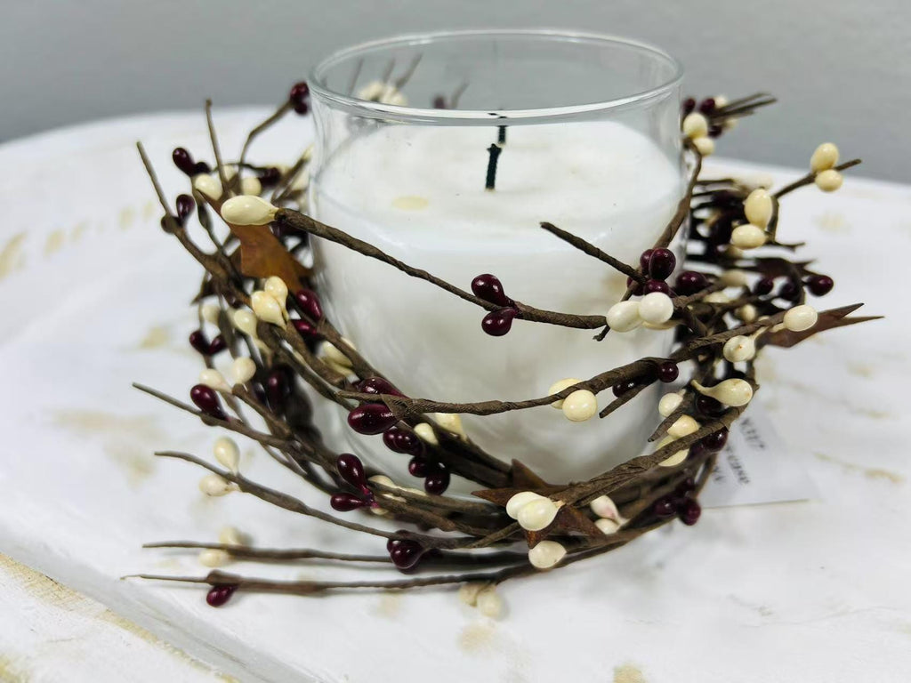 Burgundy Cream Pip Berry Candle Ring: Rustic Star Farmhouse Decor