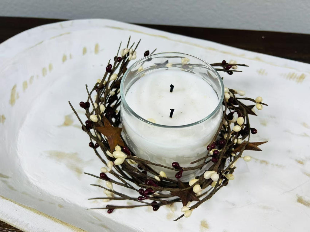 Burgundy Cream Pip Berry Candle Ring: Rustic Star Farmhouse Decor