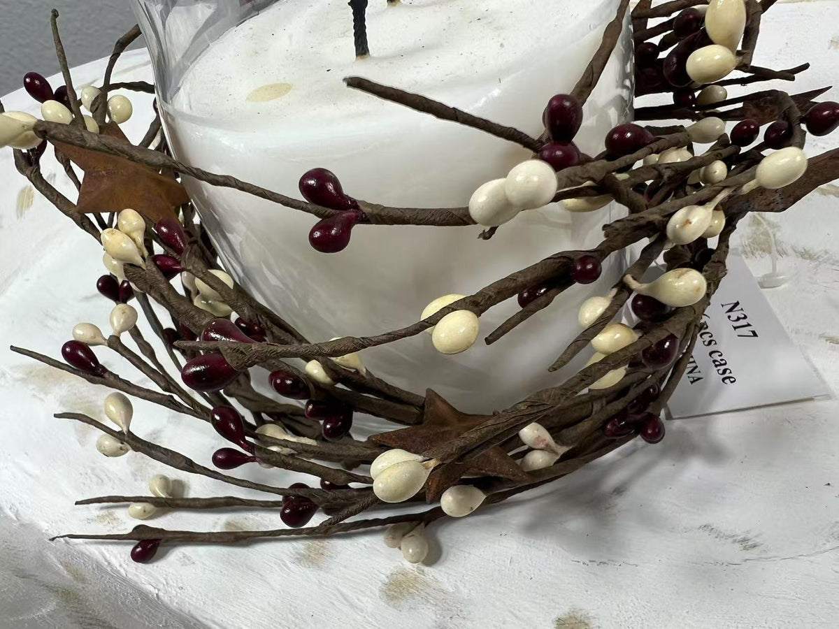 Burgundy Cream Pip Berry Candle Ring: Rustic Star Farmhouse Decor