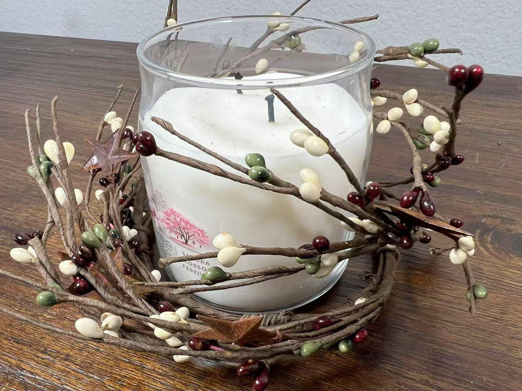 Pip Berry Candle Ring with Metal Stars: Rustic Farmhouse Decor