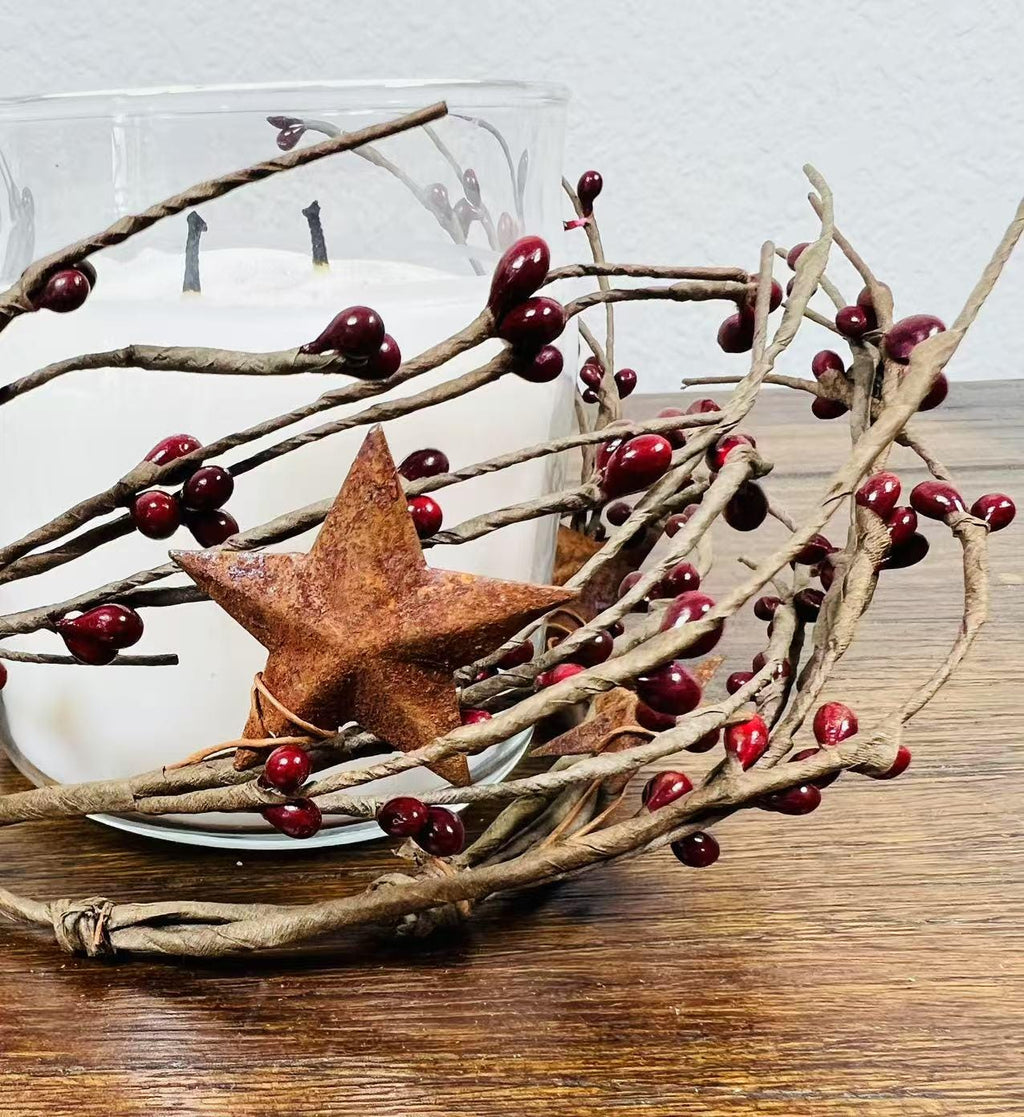 Burgundy Pip Berry Candle Ring: Rustic Star Farmhouse Decor
