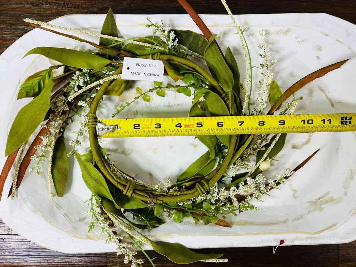 6.5” Mini Artificial Floral Wreath  – Small Rustic Greenery Candle Ring with White Flowers