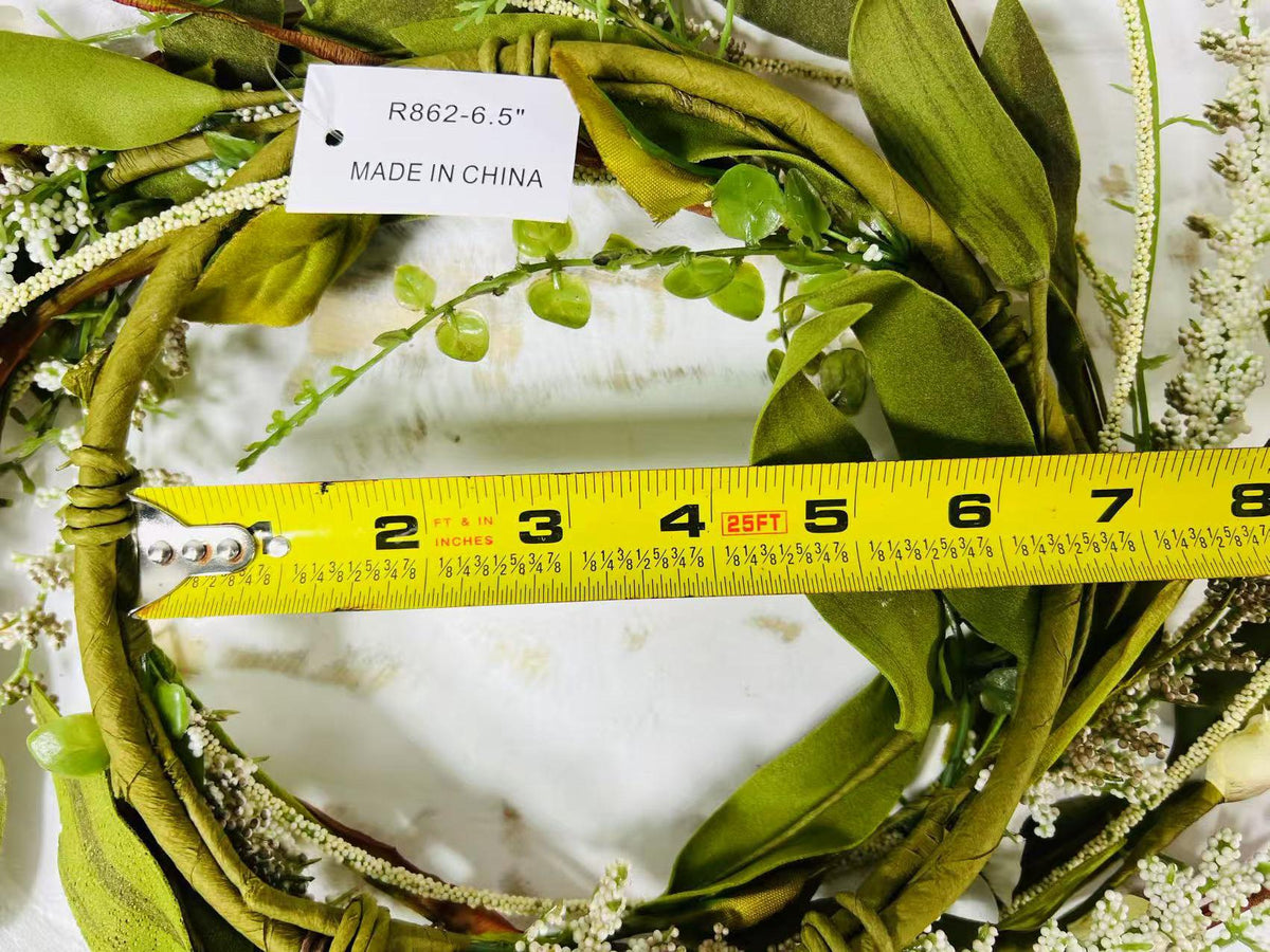 6.5” Mini Artificial Floral Wreath  – Small Rustic Greenery Candle Ring with White Flowers
