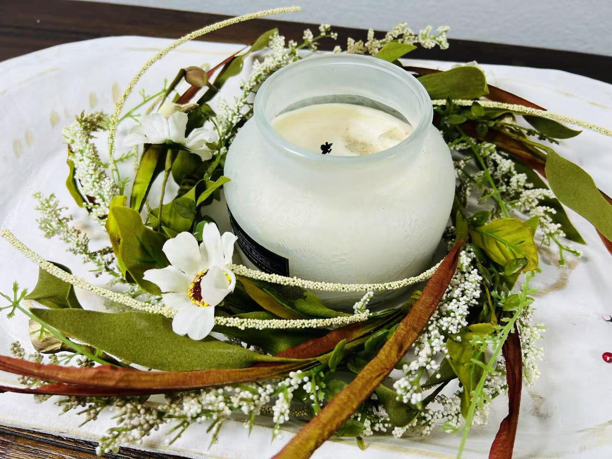 6.5” Mini Artificial Floral Wreath  – Small Rustic Greenery Candle Ring with White Flowers