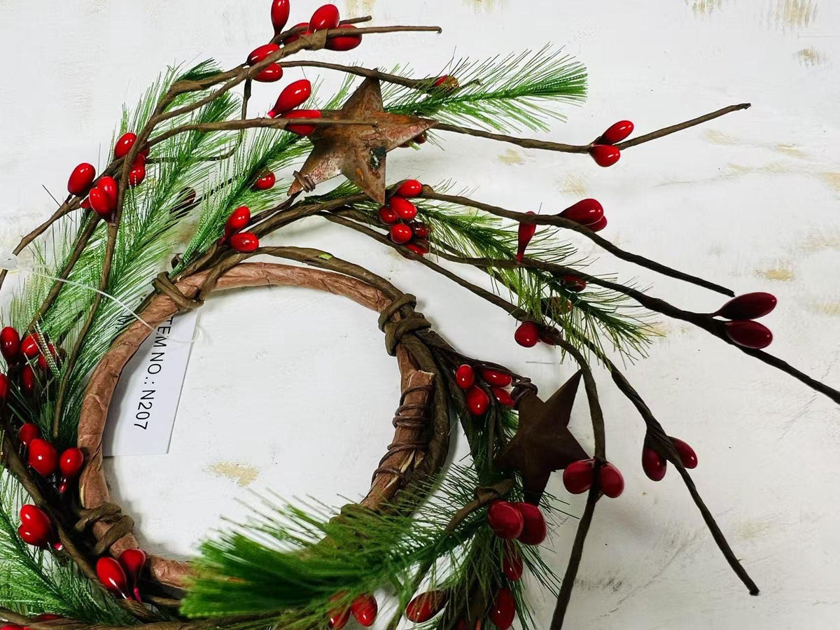 Mini Red Berry Pine Wreath 2.5” | Farmhouse Candle Ring | Rustic Winter Christmas Accent