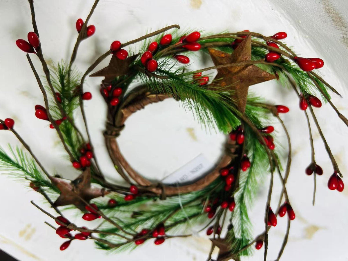 Mini Red Berry Pine Wreath 2.5” | Farmhouse Candle Ring | Rustic Winter Christmas Accent