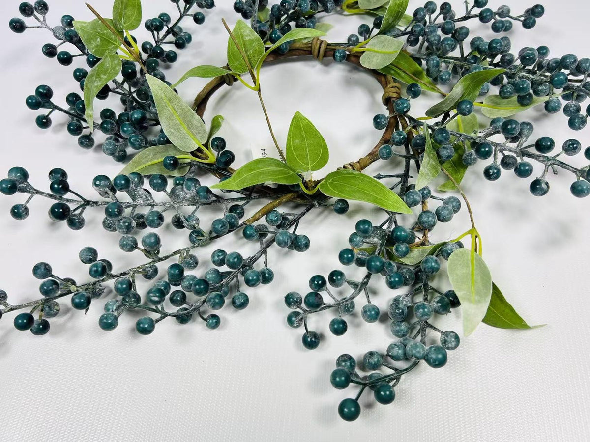 Blue Berry Candle Ring 4.5” | Rustic Farmhouse Wreath | Faux Berry Accent | Country Table Decor